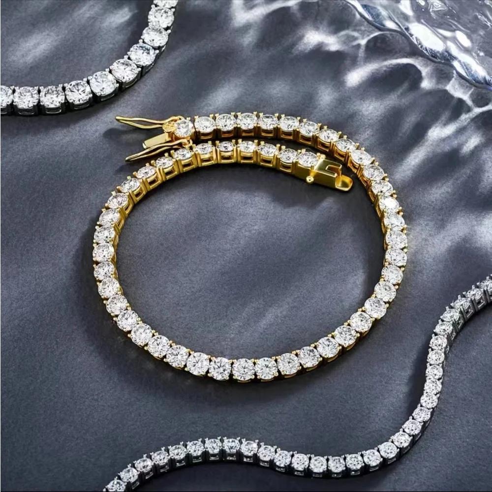 Men’s 5mm round cubic zirconia 14k gold plated setting bracelet 8”